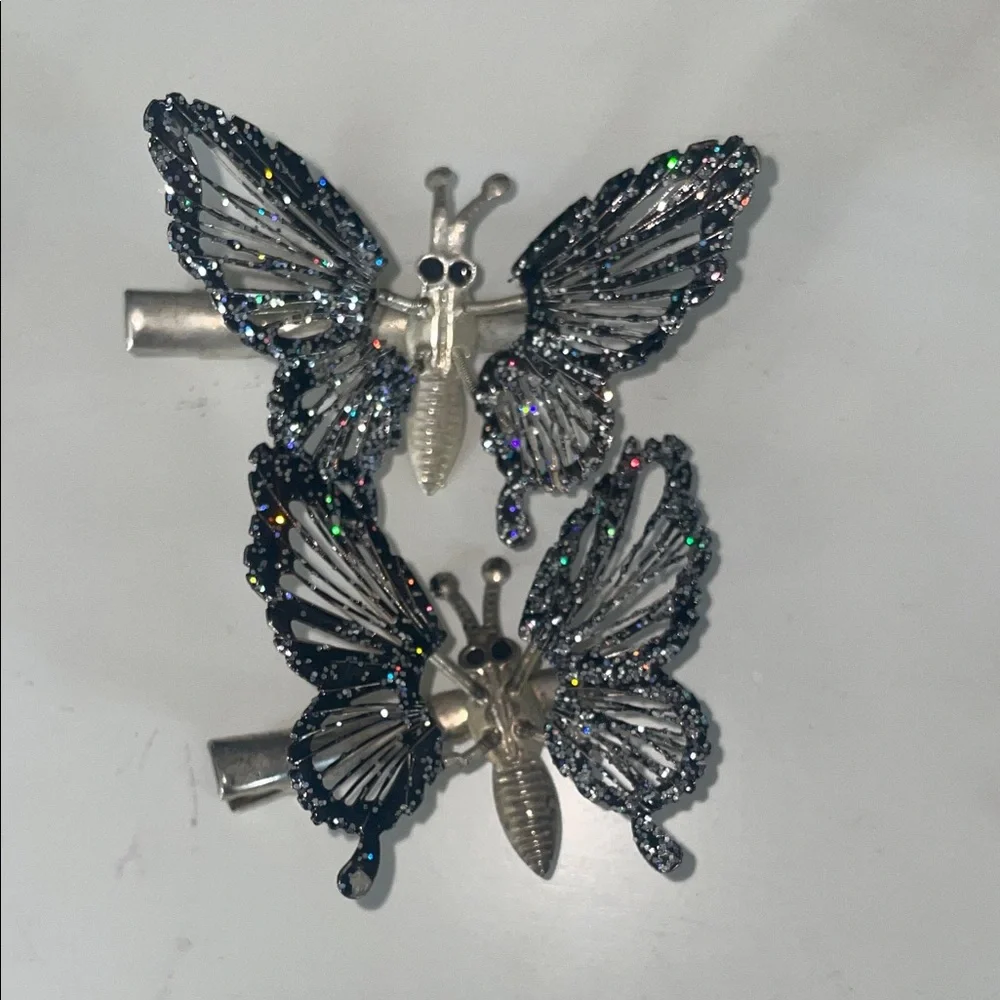 Butterfly Hair Clip Set - Metallic Silver, Black & Pink bundle vintage